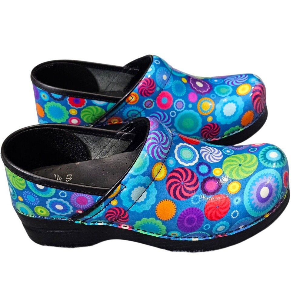 Dansko Multicolor Swirl and Dot Clogs in Blue